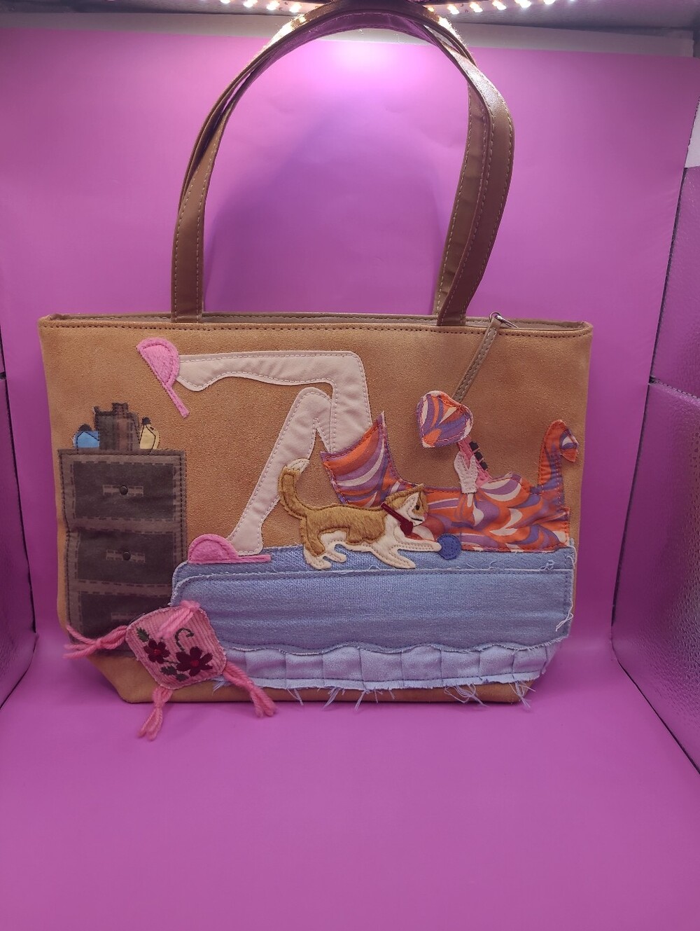 Vintage Y2K Suede Colorful Patchwork Handbag Cat Kitten With Girl On Phone